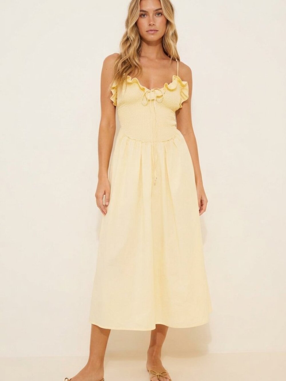For Love & Lemons Light Yellow Bethany Cotton Midi Dress Small 57194